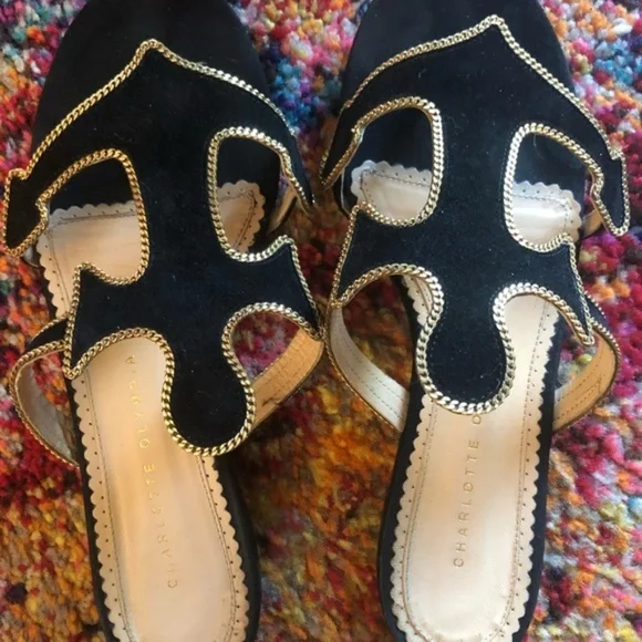 Charlotte Olympia rare anchor cutout suede embroidered whimsical flat sandals - Picture 6 of 7